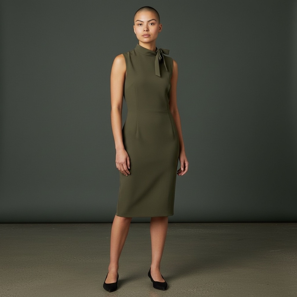 🖤 Calvin Klein Olive Midi Dress with Side Neck Bow – Size 4 | NWOT